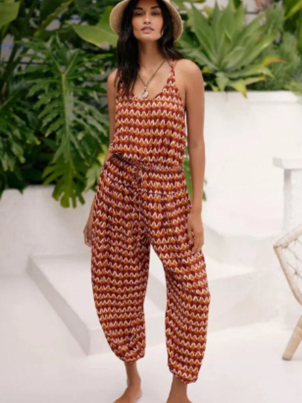 Anthropologie Jumpsuit by Graham Keegan Boho Geometric Chevron Tie Shoulder M